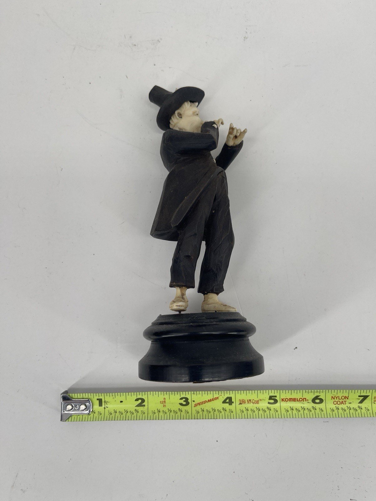 Vintage Hand Carved Chinese Ebony Figurine Boy Playing Flute on Wooden Base