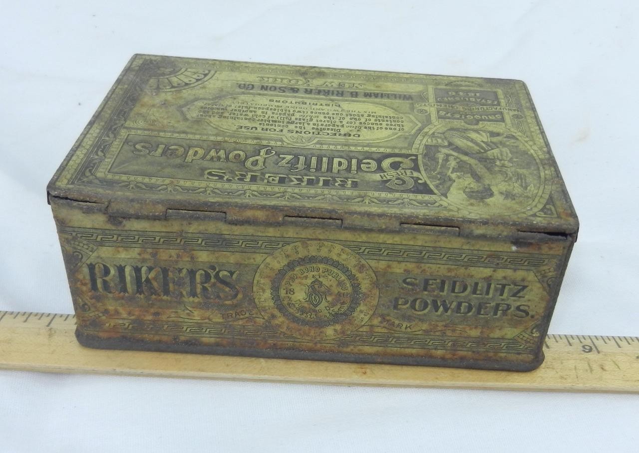 SEIDLITZ Powder Tin Litho Medicine Can William B Riker & Son Co New York Est1846