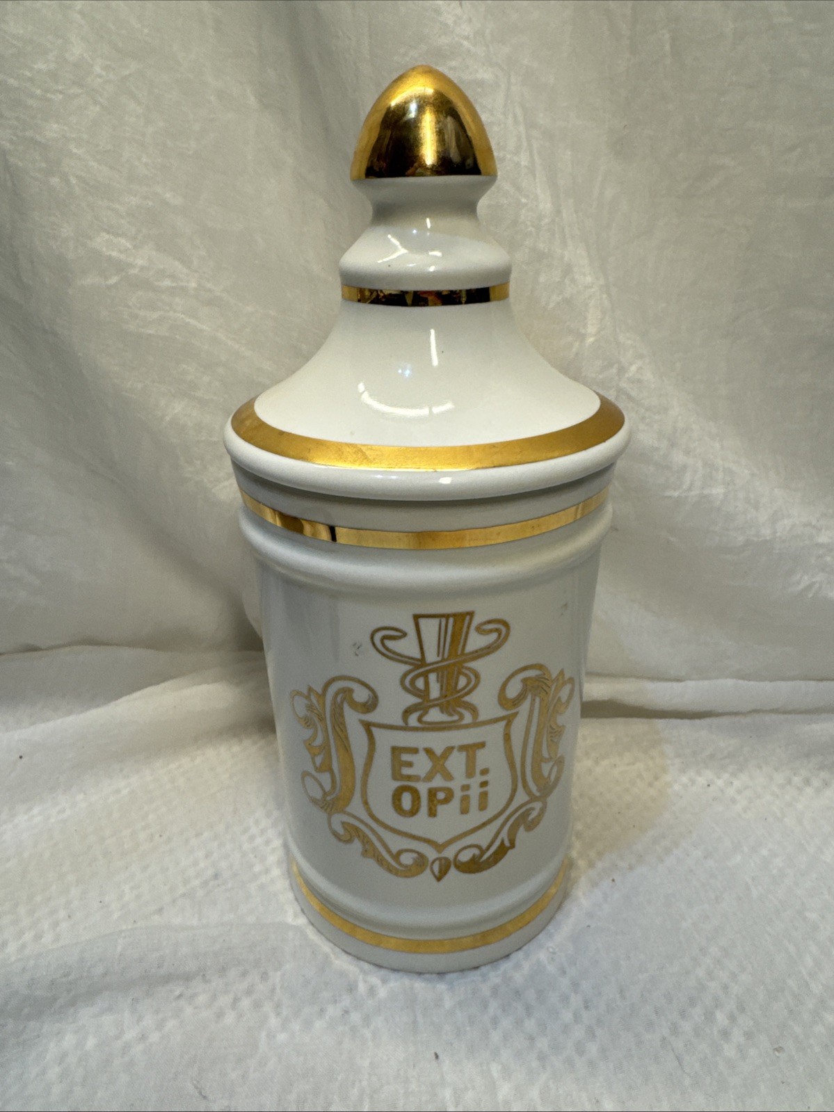 Vintage Pharmacy EXT OPii Canister Jar w/ Lid-Cream & Gold Trim-Owens Glass IL