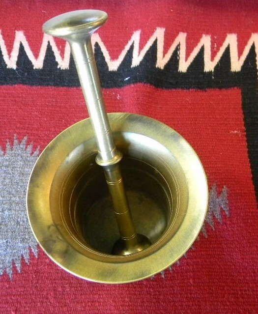 ANTIQUE LARGE SOLID BRASS 4″ TALL MORTAR & PESTLE PHARMACIST CHEMIST APOTHECARY