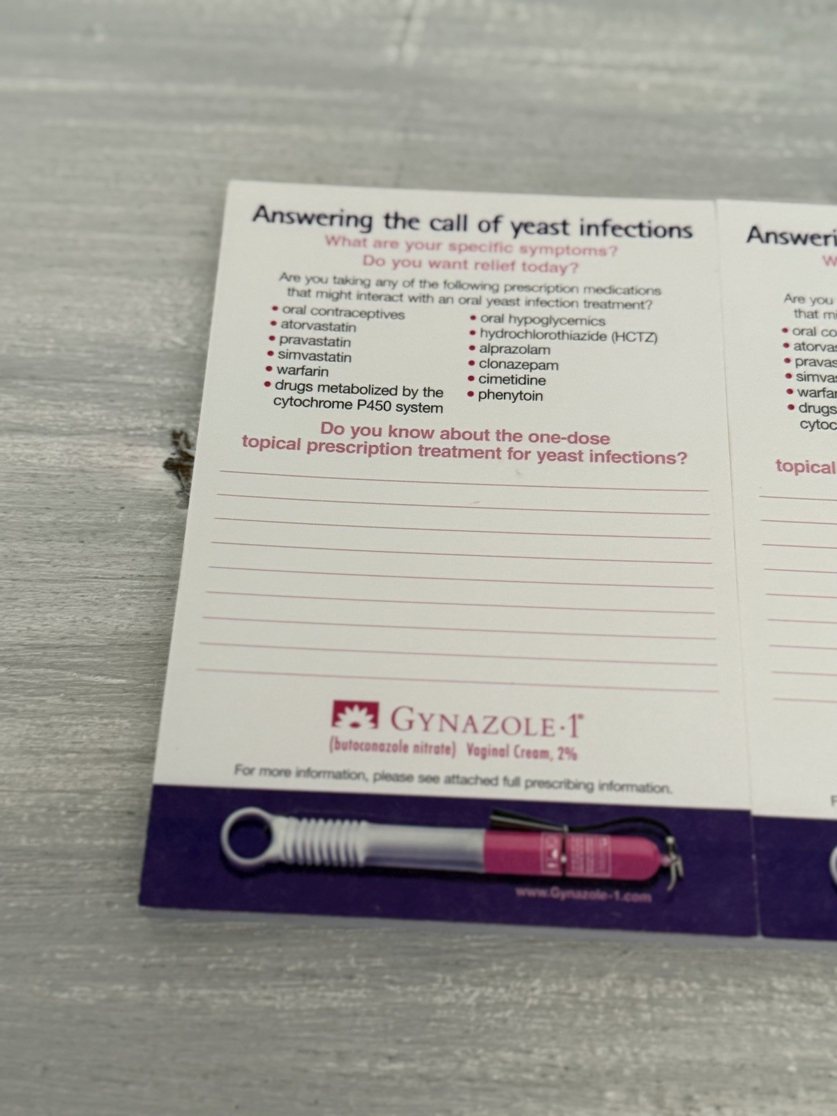 2004 Gynazole Yeast Pharmaceutical Drug Rep Notepad Sticky Notes Ad Drug Rep