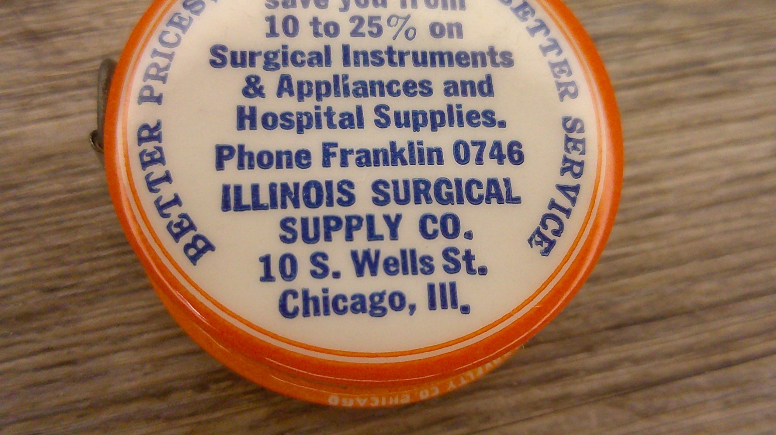 vtg. advertising celluloid tape measure Illinois Surgical supply prosthetics