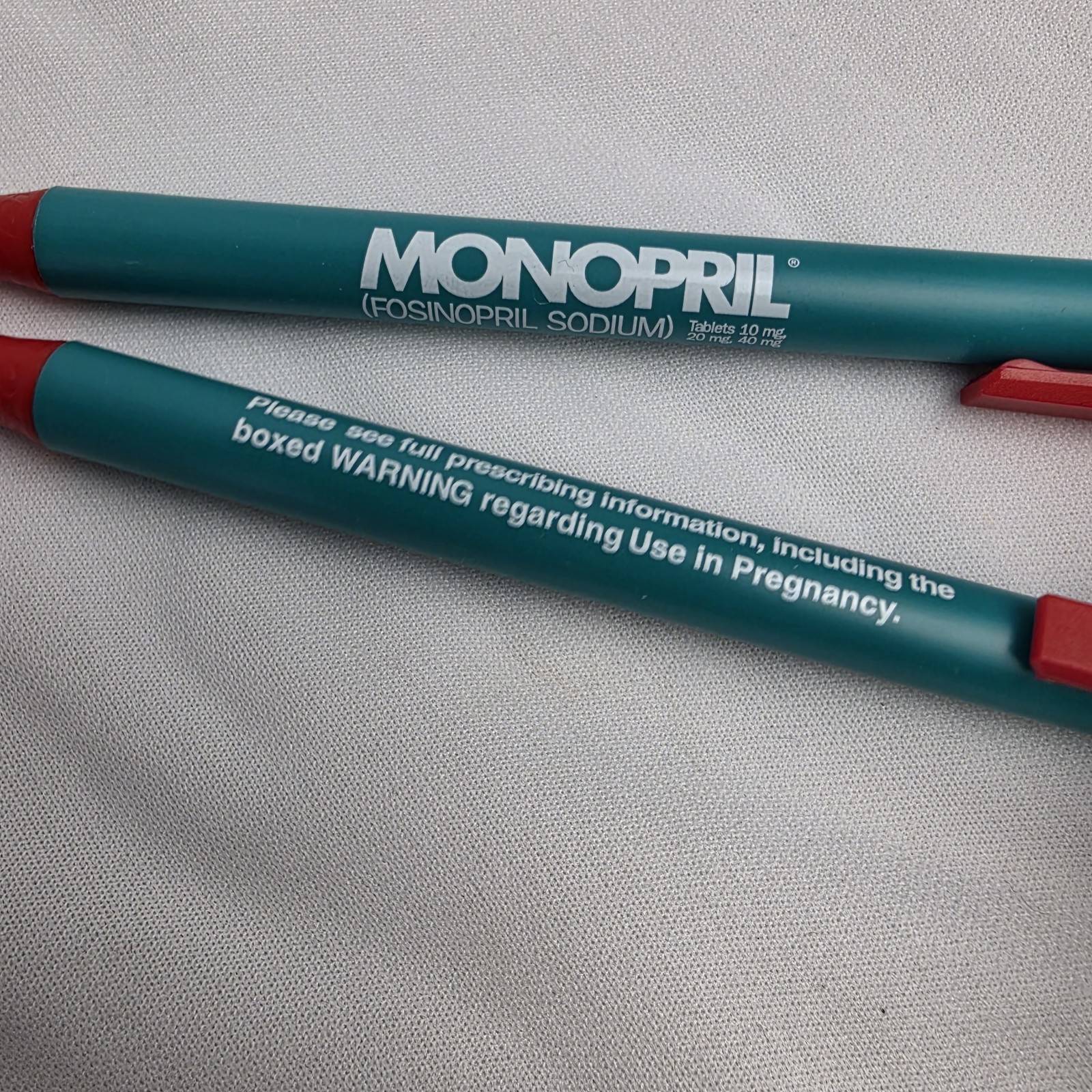 Lot of 2 Monopril Medical Drug Rep Pharmaceutical Pens Working Teal Red Bic