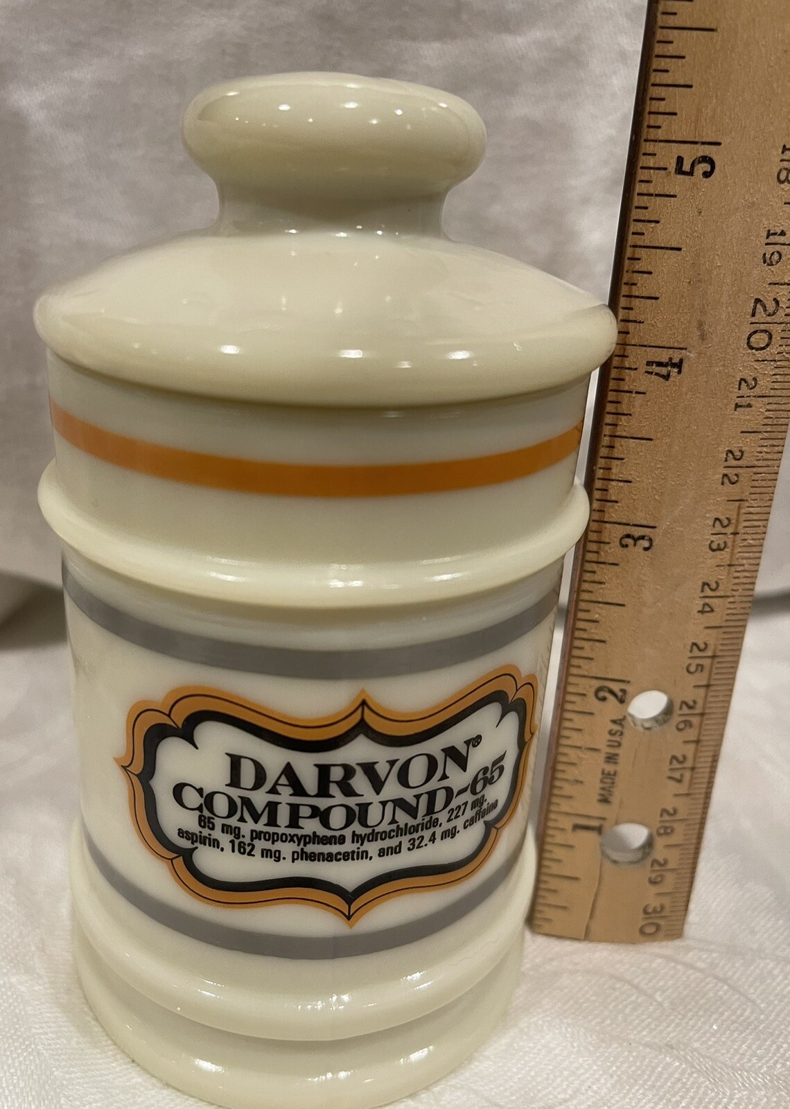 Darvon Compound 65 Apothecary Canister Jar with Lid Milk Glass 5″ Tall Vintage