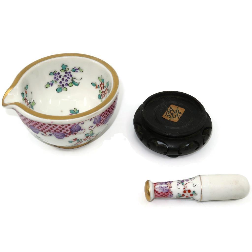 Edmé Samson Ceramics Porcelaine de Paris Imari Style Mortar & Pestle w/Stand, 4″