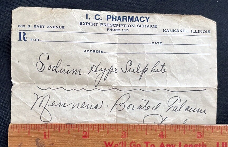 Vintage I.C. Pharmacy Prescription~Kankakee, Illinois~Medical Ephemera