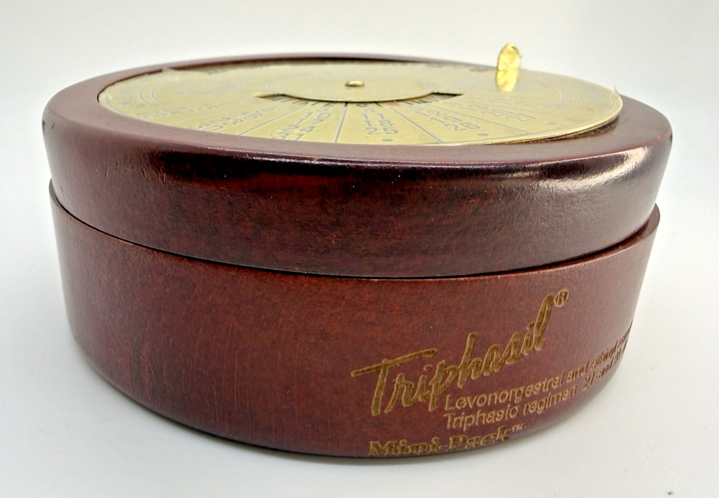 Vintage Triphasil Pharmaceutical Promo 40-Year Perpetual Calendar Wood Desk Box