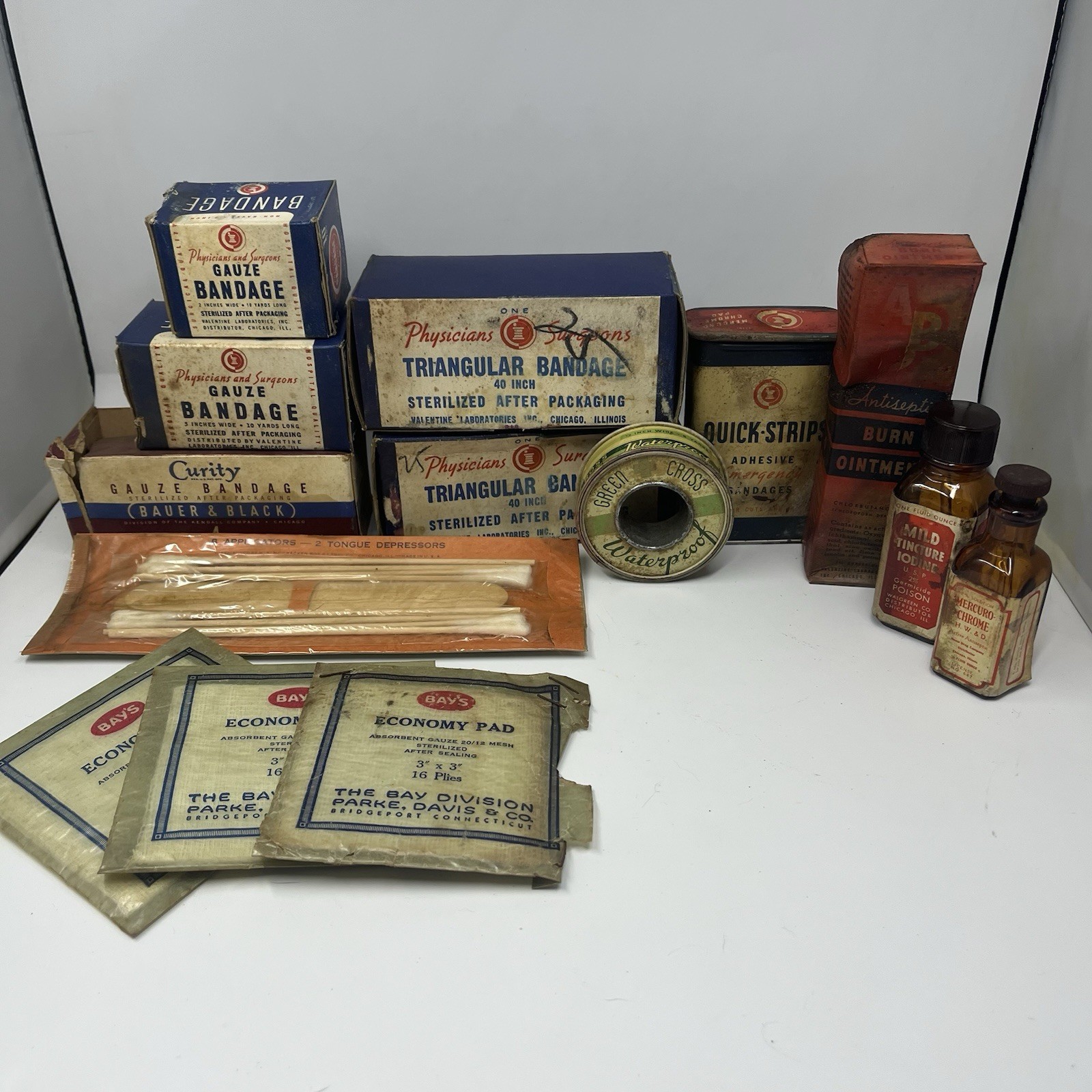 Vintage Medical Lot of 15 Items – Bottles Boxes Tins Swabs – Bay’s, Parke Davis