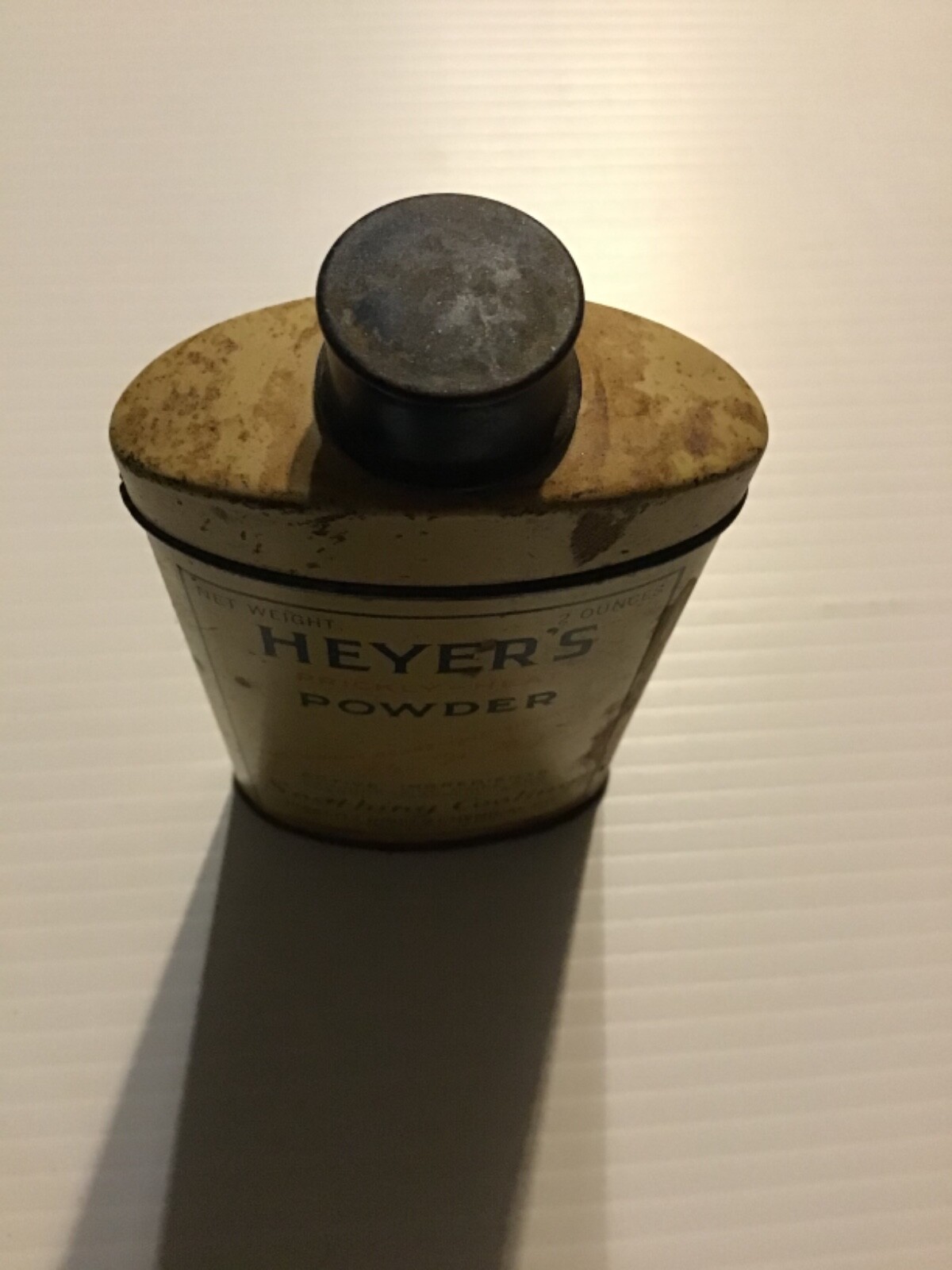 Vintage Heyer’s Prickly-Heat Powder Tin, 2 oz. empty, 4 1/2” tall $7 Shipping