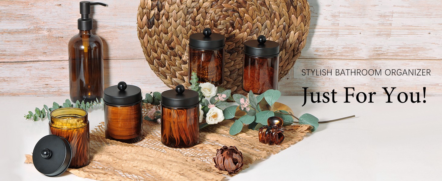 Amber Glass Qtip Holder, Apothecary Jars with Matte Black Metal Lid &
