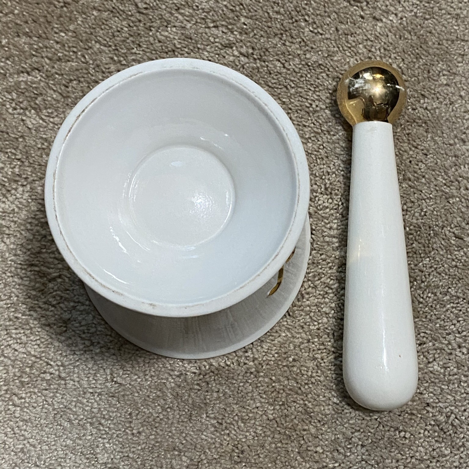 Vintage Owens-Illinois Porcelain Pharmacy Apothecary Mortar & Pestle Set Gold Rx