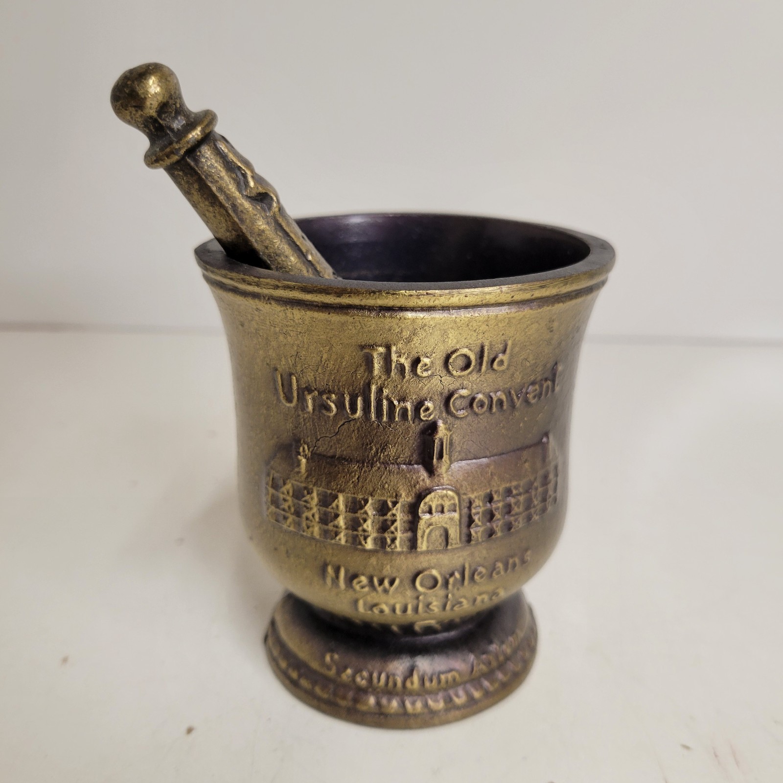 VTG 1985 Schering Brass Mortar & Pestle Ursuline Convent New Orleans Sis. Xavier