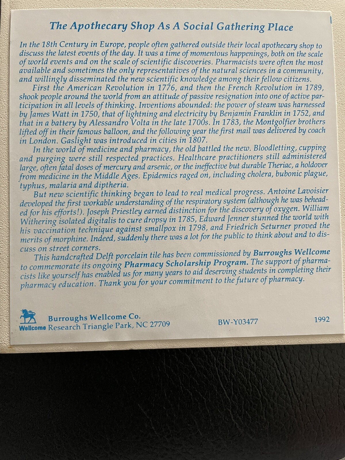 1992 BURROUGHS WELLCOME Pill Tile APOTHECARY SHOP GATHERING PLACE Delft Holland