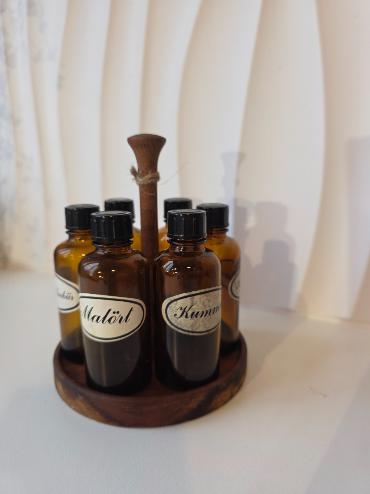 Rare Swedish 1960s apothecary tincture bottles set in wooden stand