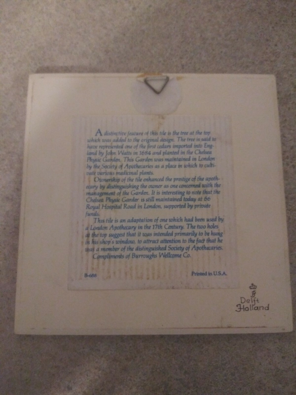 BURROUGHS WELLCOME Pharmacy English Pill Tile Handmade DELFT Holland B-688