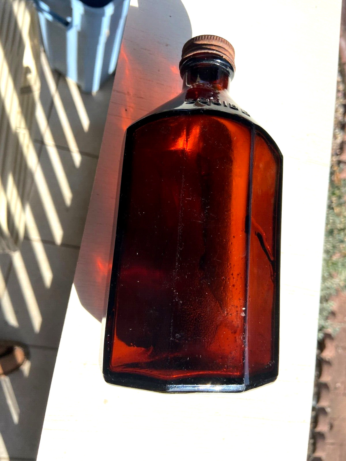 BEAUTIFUL Antique Amber Squibb embossed Glass Drug or Pharmacy Jar, 7” Tall
