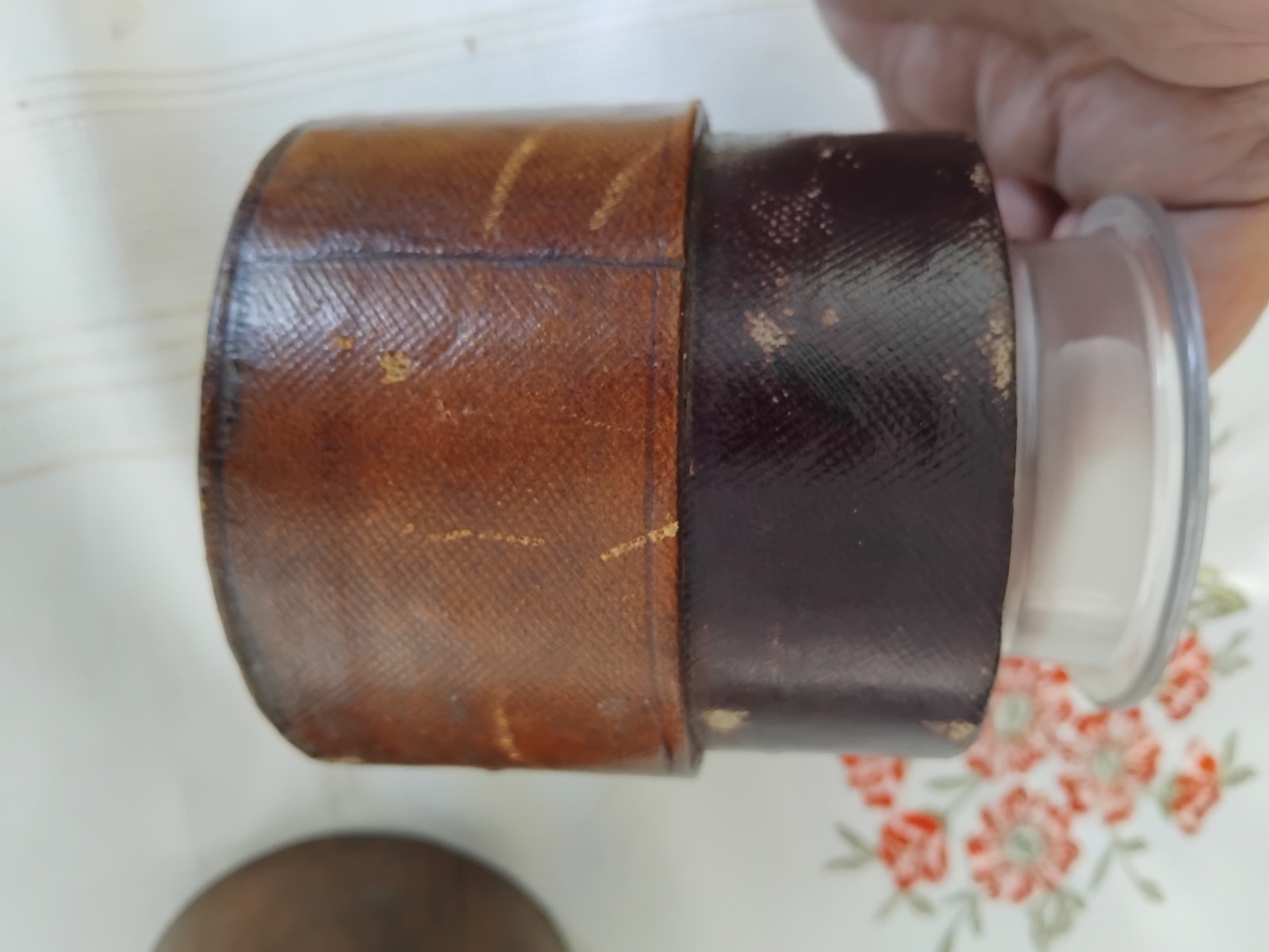Antique Victorian Glass POMADE Jar in Original Leather Holder