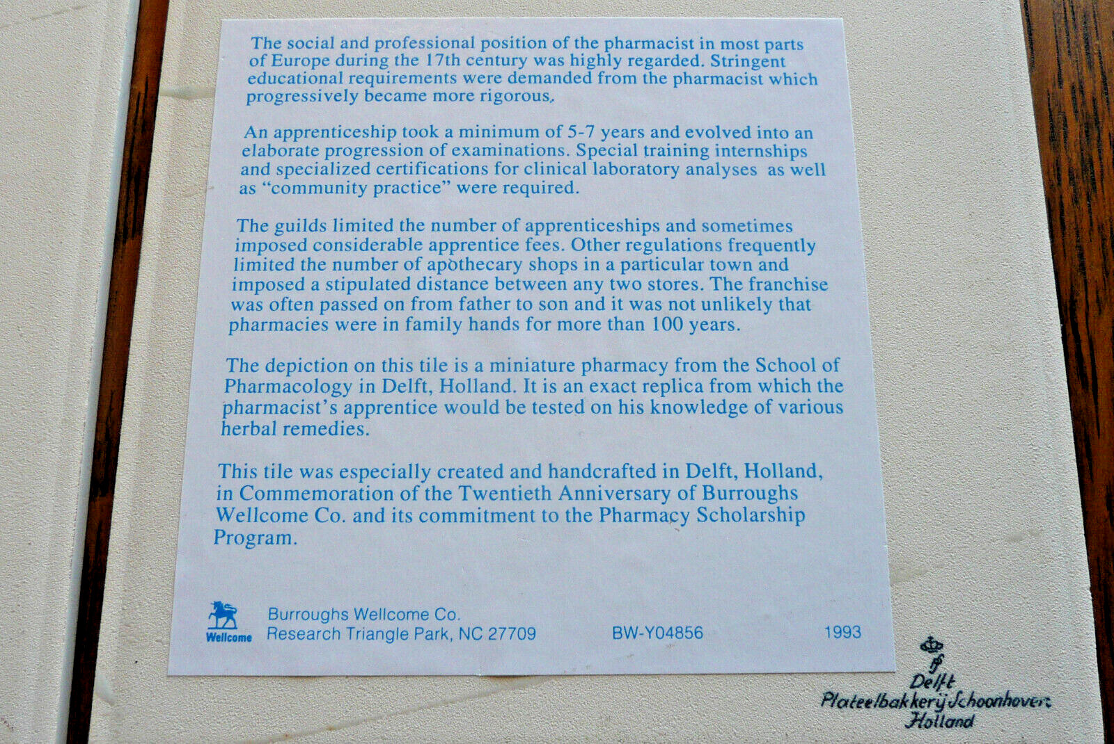 Burroughs Wellcome Co. Pharmacy Scholarship Program ~ 2 Delft Ceramic Tiles 1993