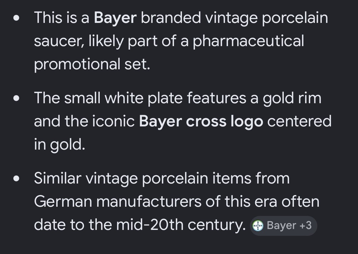 Vtg Bayer Haus Pharmacy Advertisement Promo Porcelain Dish Gold Cross Logo 1952