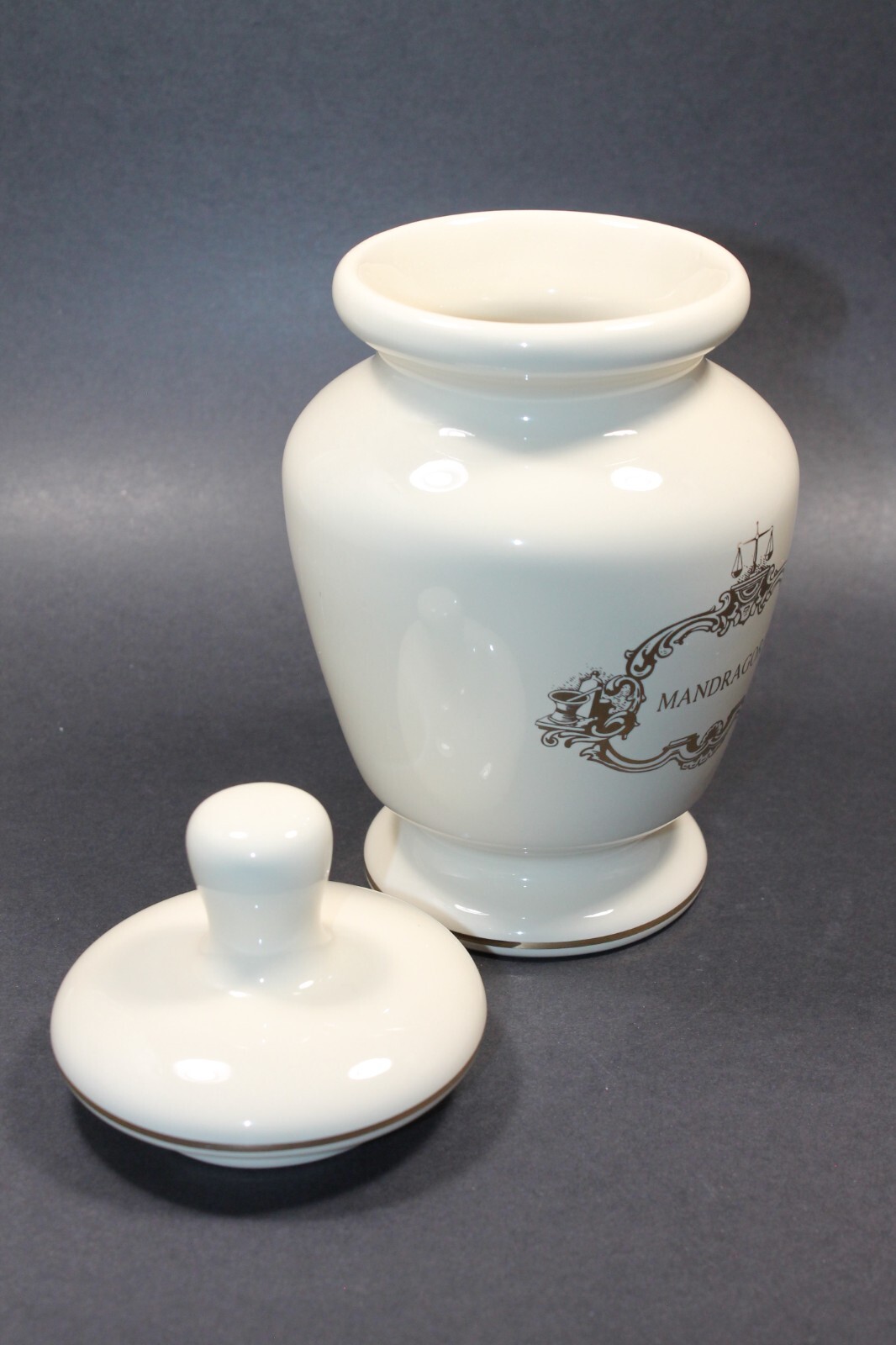 Vtg Ceramic Cream w Gold Design Apothecary Pharmacy Mandragora 8 in Lidded Jar