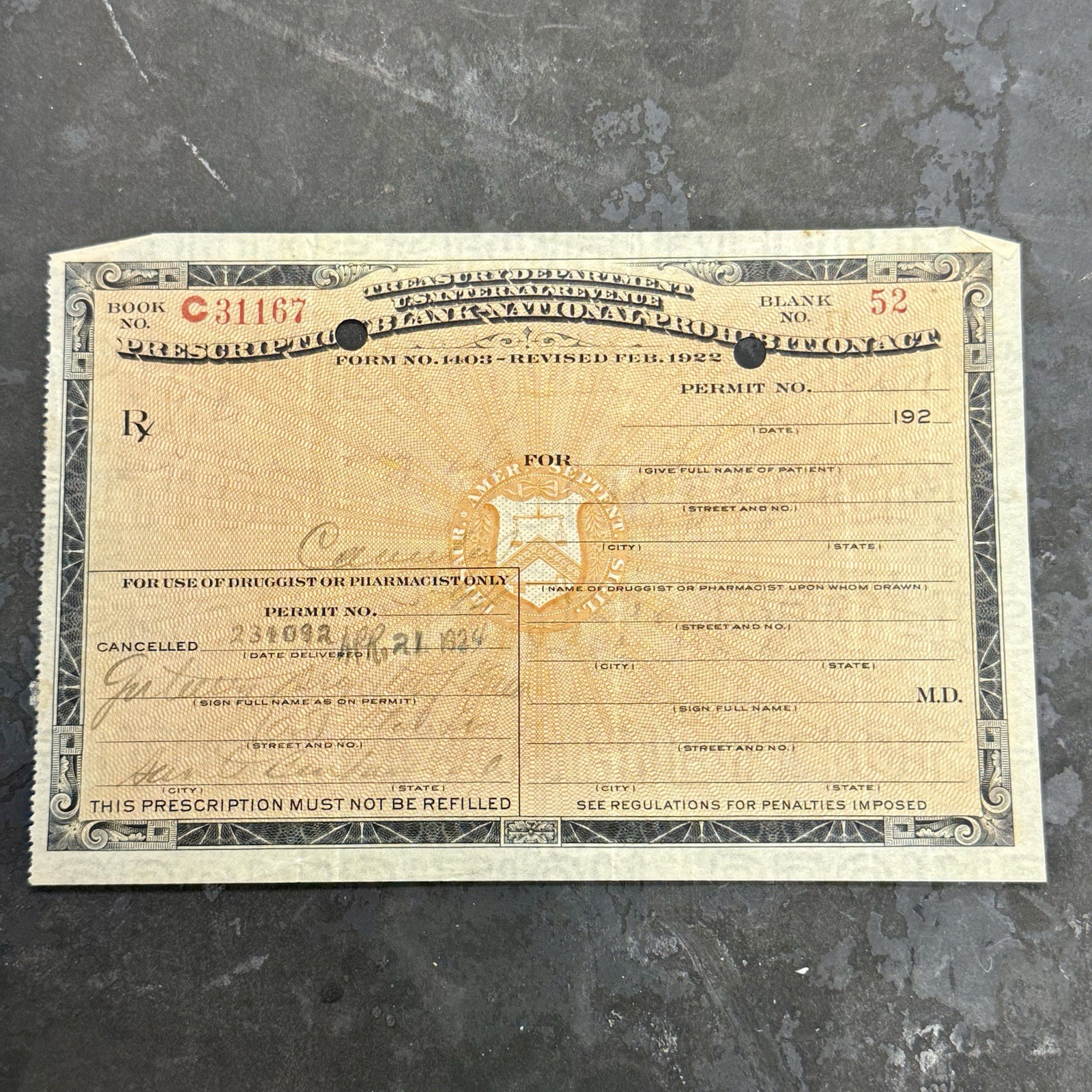 Original Prohibition Whiskey Prescription Slip Dated 1924 California