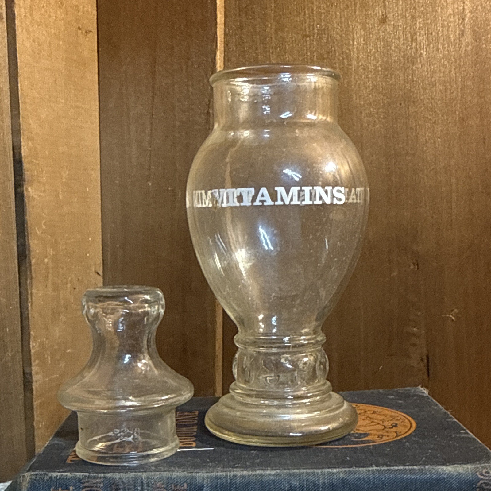 Clear Glass Apothecary Jar with Lid, Labeled “VITAMINS” Vintage