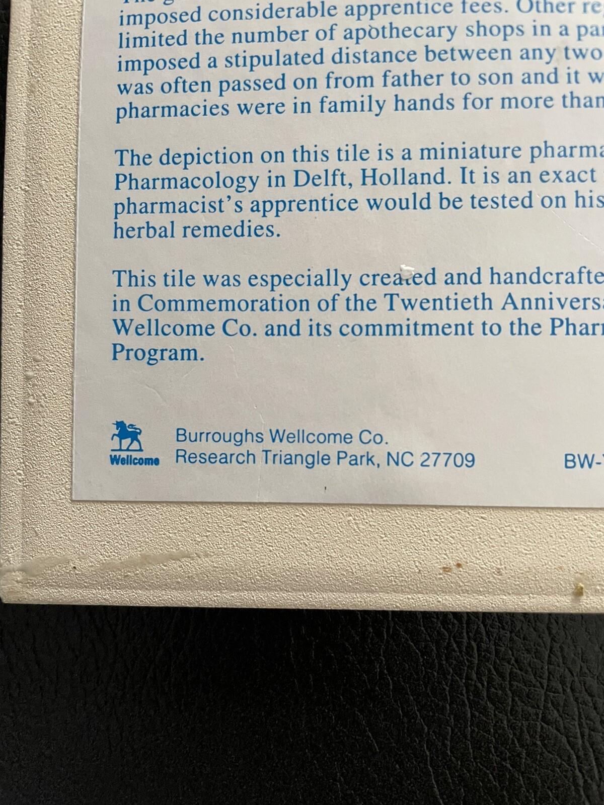 Vintage Blue Delfts Burroughs Wellcome Co Pharmacy Hanging Tile Scholarship 1993