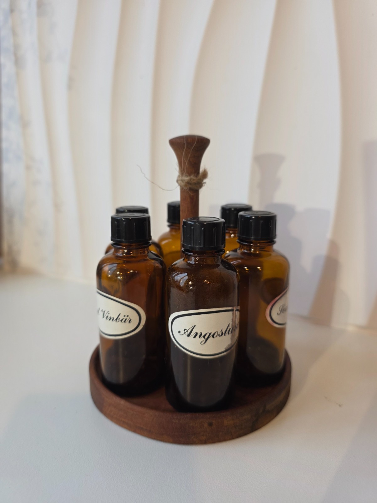 Rare Swedish 1960s apothecary tincture bottles set in wooden stand