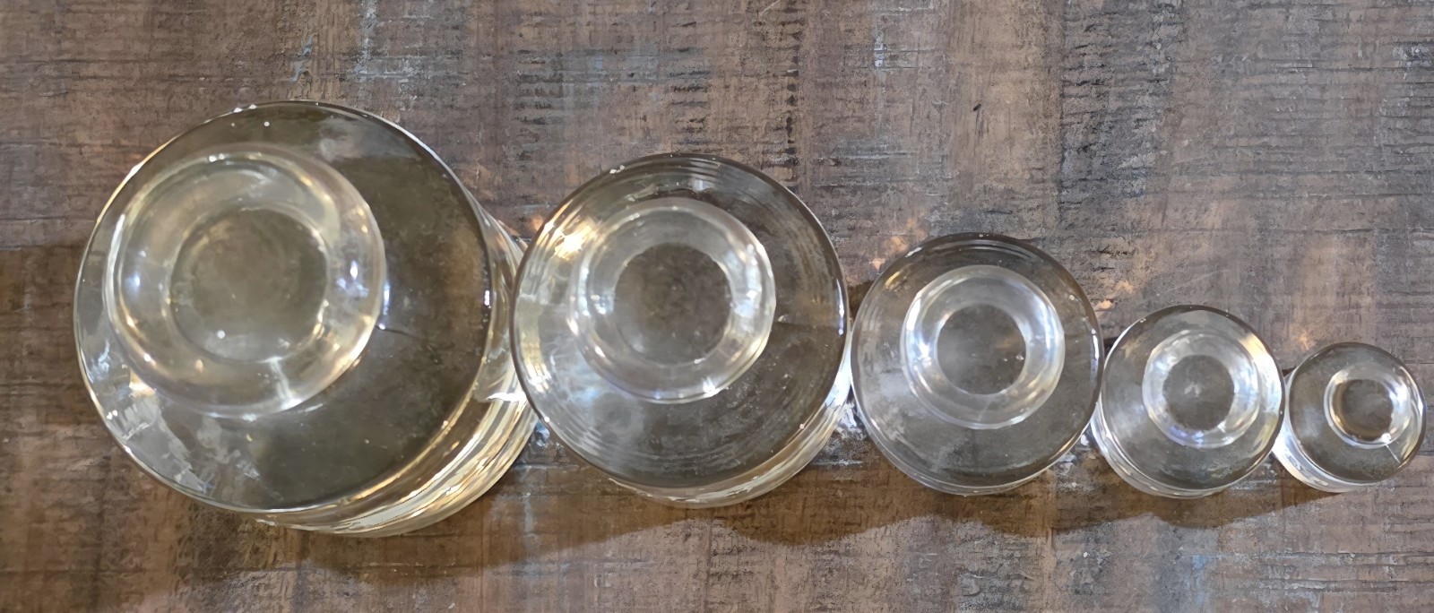Vintage Clear Glass Laboratory Apothecary Scale Weights 1kg to 50gm Set Of 5