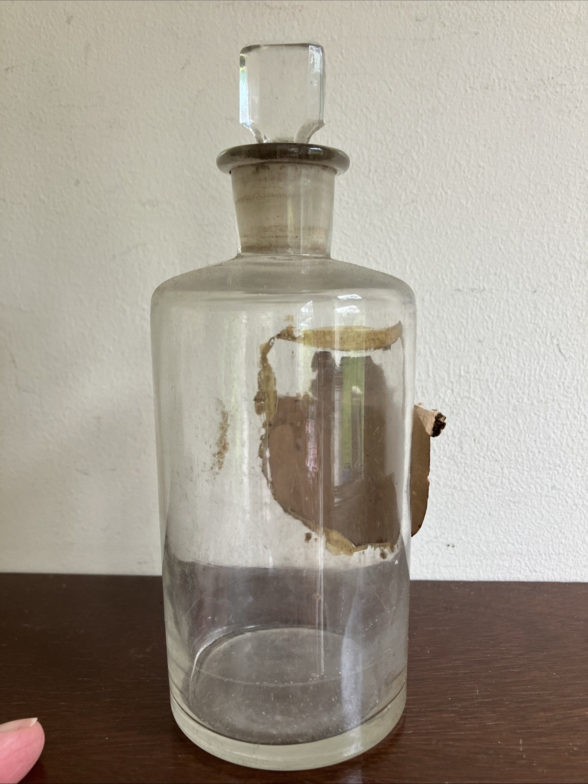 Antique Glass Apothecary Bottle With Tatty Shield Shaped Label, Glass Stopper