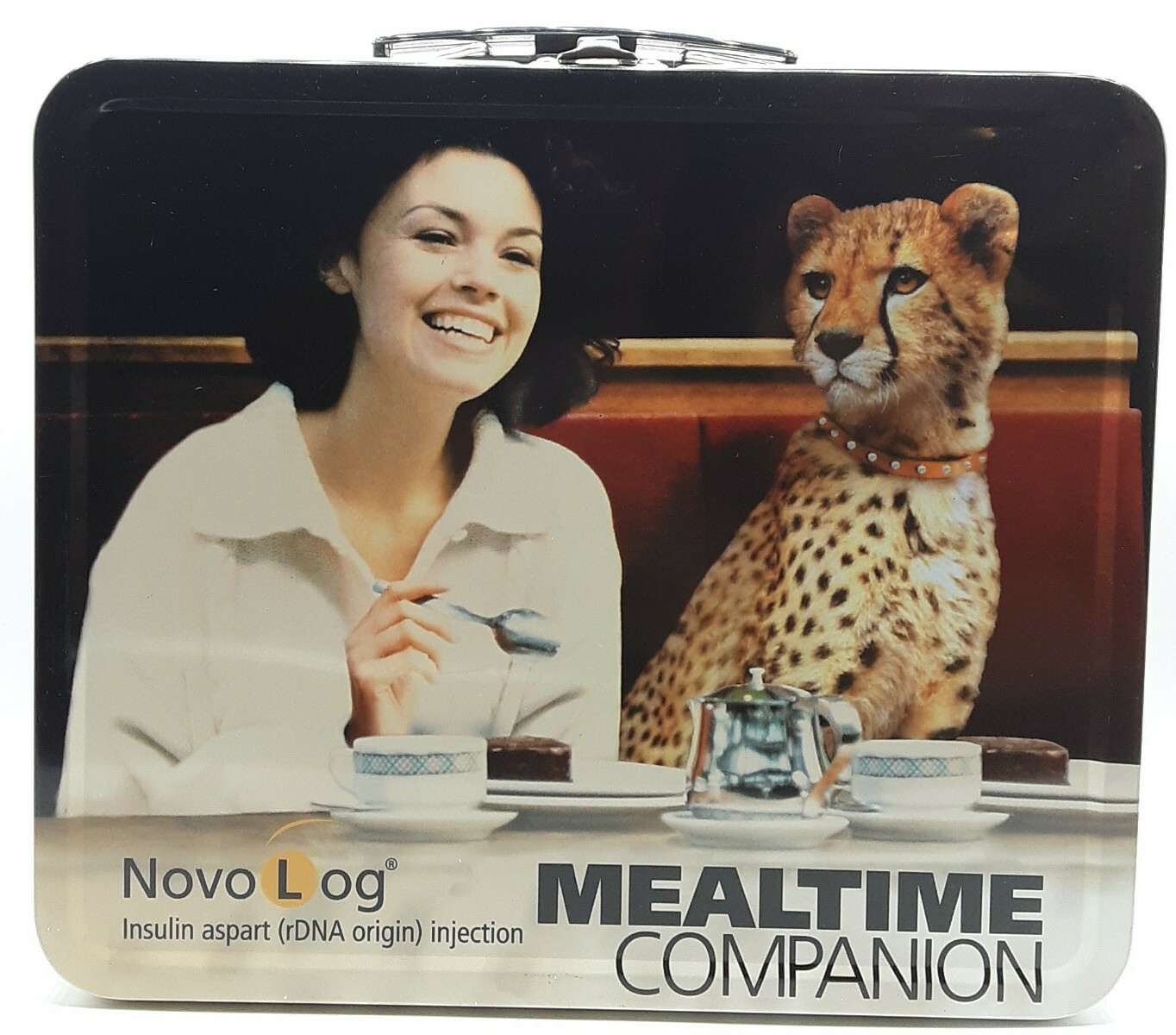 Vintage Pharmaceutical Drug rep collectibles 1970s lady cheetah at lunch tin box