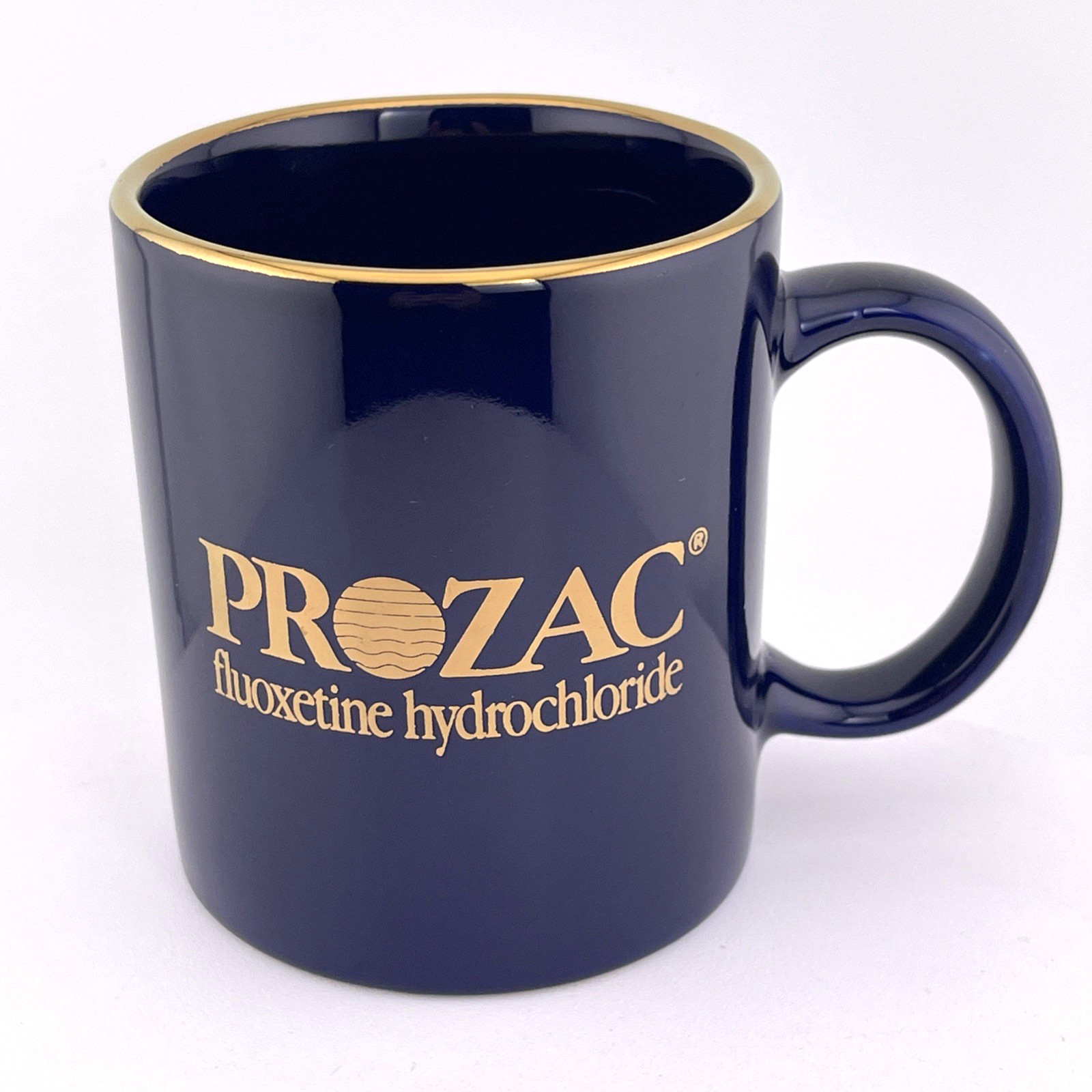 Vintage Prozac Mug Advertising Blue Gold Rim Coffee Pharmaceutical Cup Mug Linyi