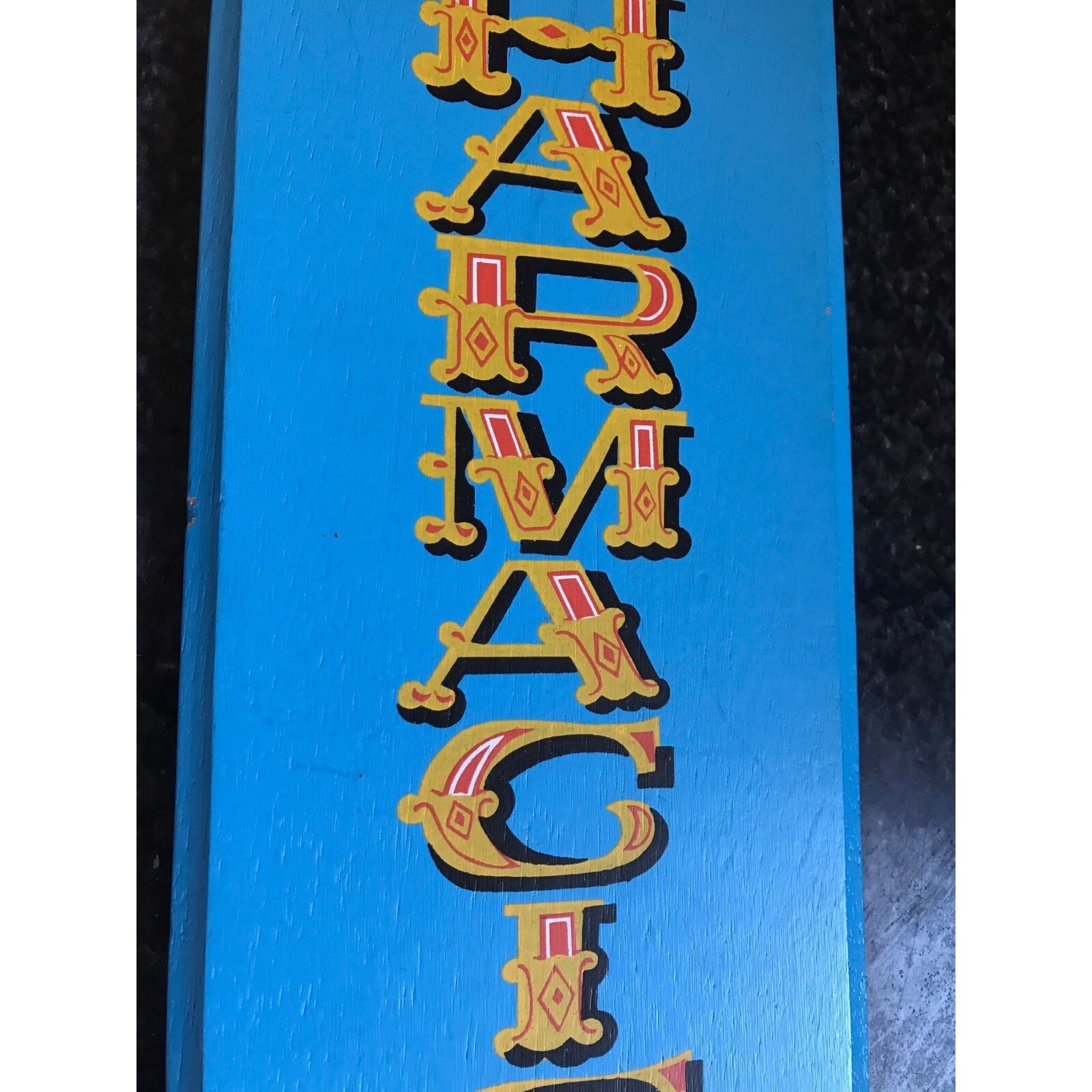 Vtg 1970 PHARMACIST Blue Wood Sign Plaque Viking Handmade Japan Original Label