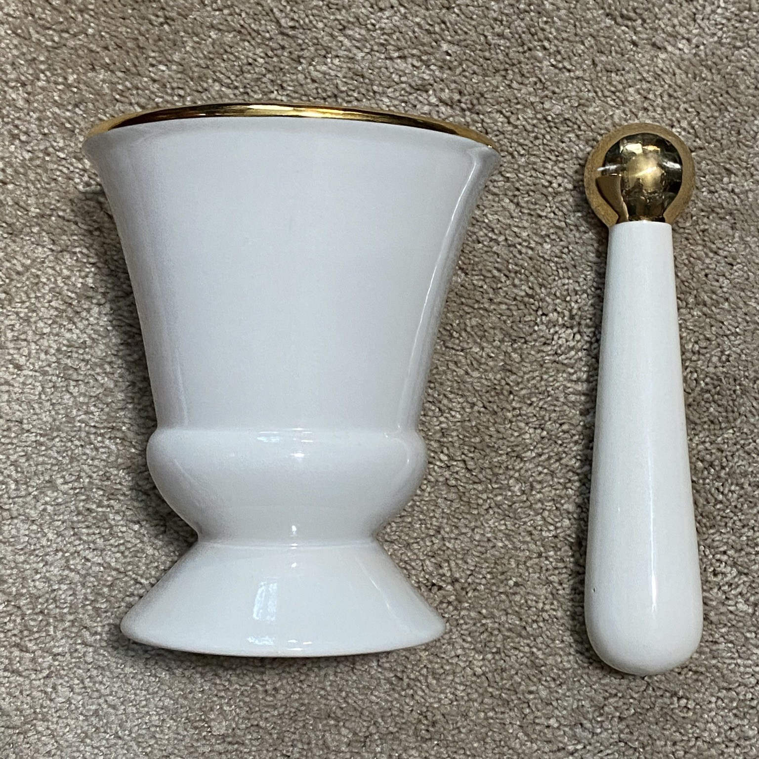 Vintage Owens-Illinois Porcelain Pharmacy Apothecary Mortar & Pestle Set Gold Rx