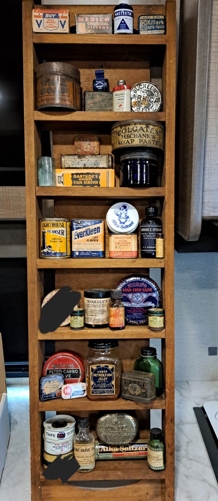 Antique Bottles Tins Boxes Pharmacy Items Empty/Full –SHELF NOT INCLUDED!!!