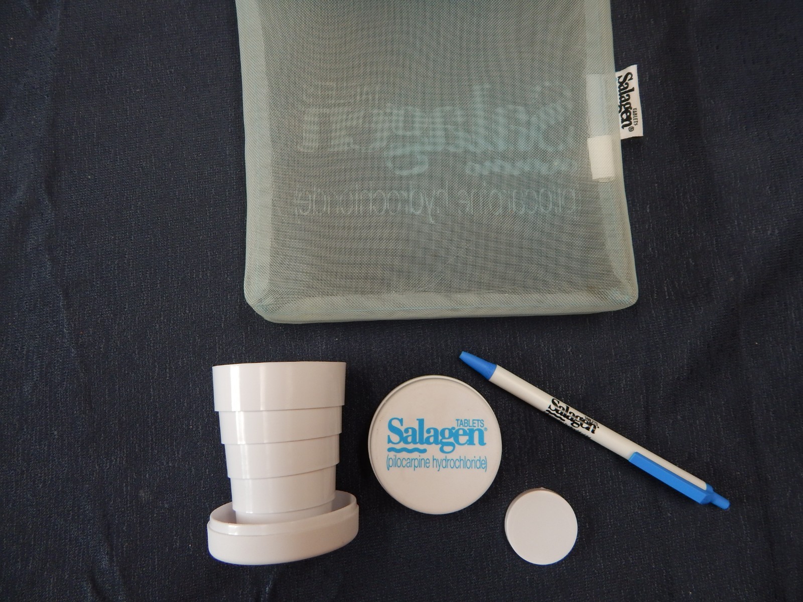 Vintage Salagen Drug Rep Pen Collapsible Cup Pill Holder & Zippered Bag 3pc set