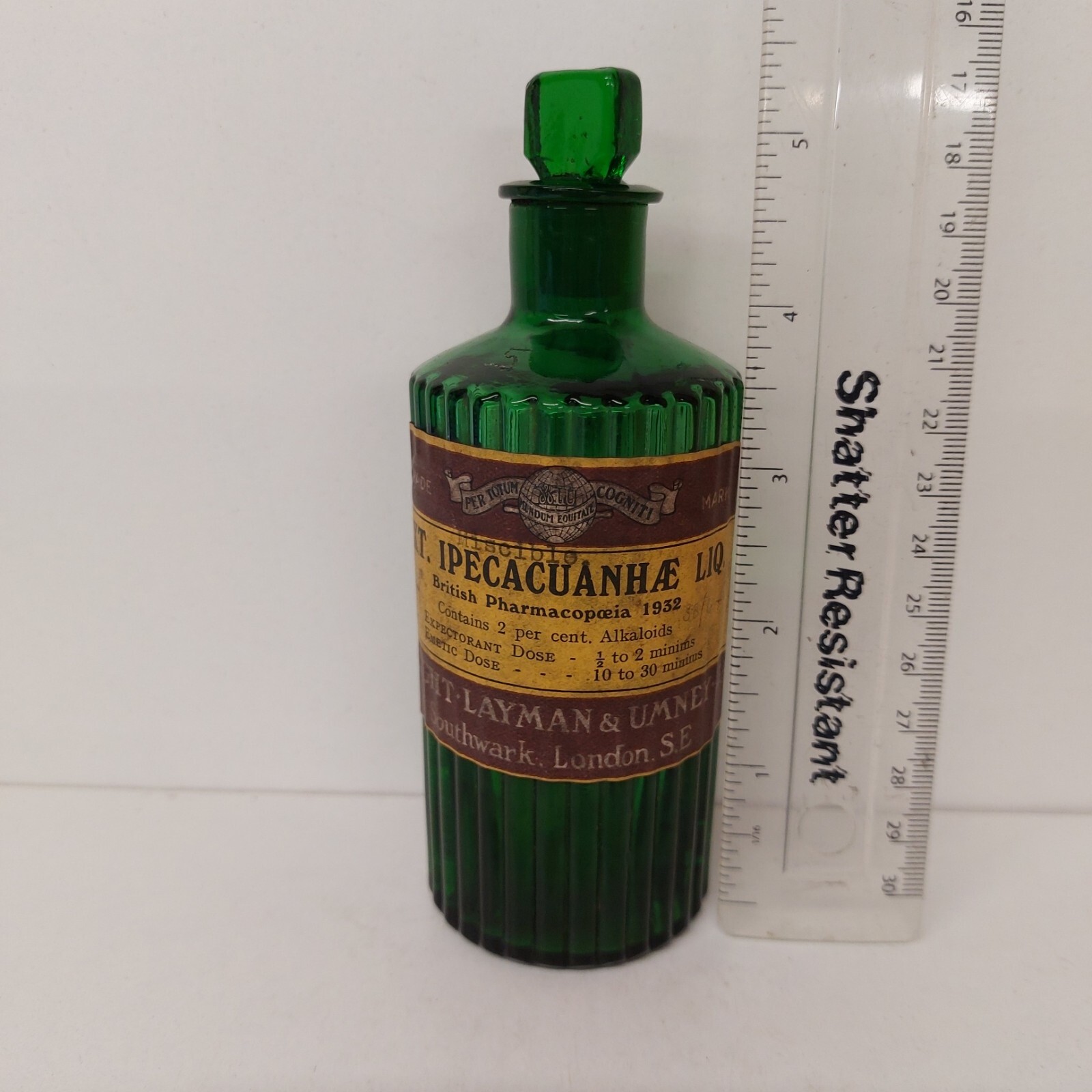 Labeled Wright Layman Umney Ltd London Emetic Ribbed Chemists Apothecary Bottle