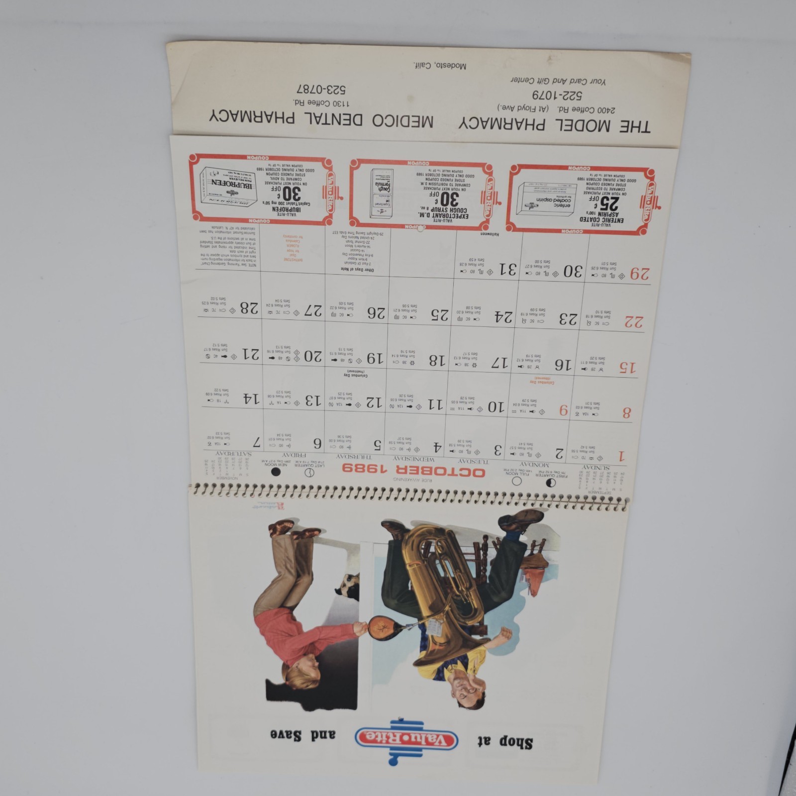 VTG 1989 Valu•Rite Calendar MODESTO, CA The Model Pharmacy Medico Dental COUPONS