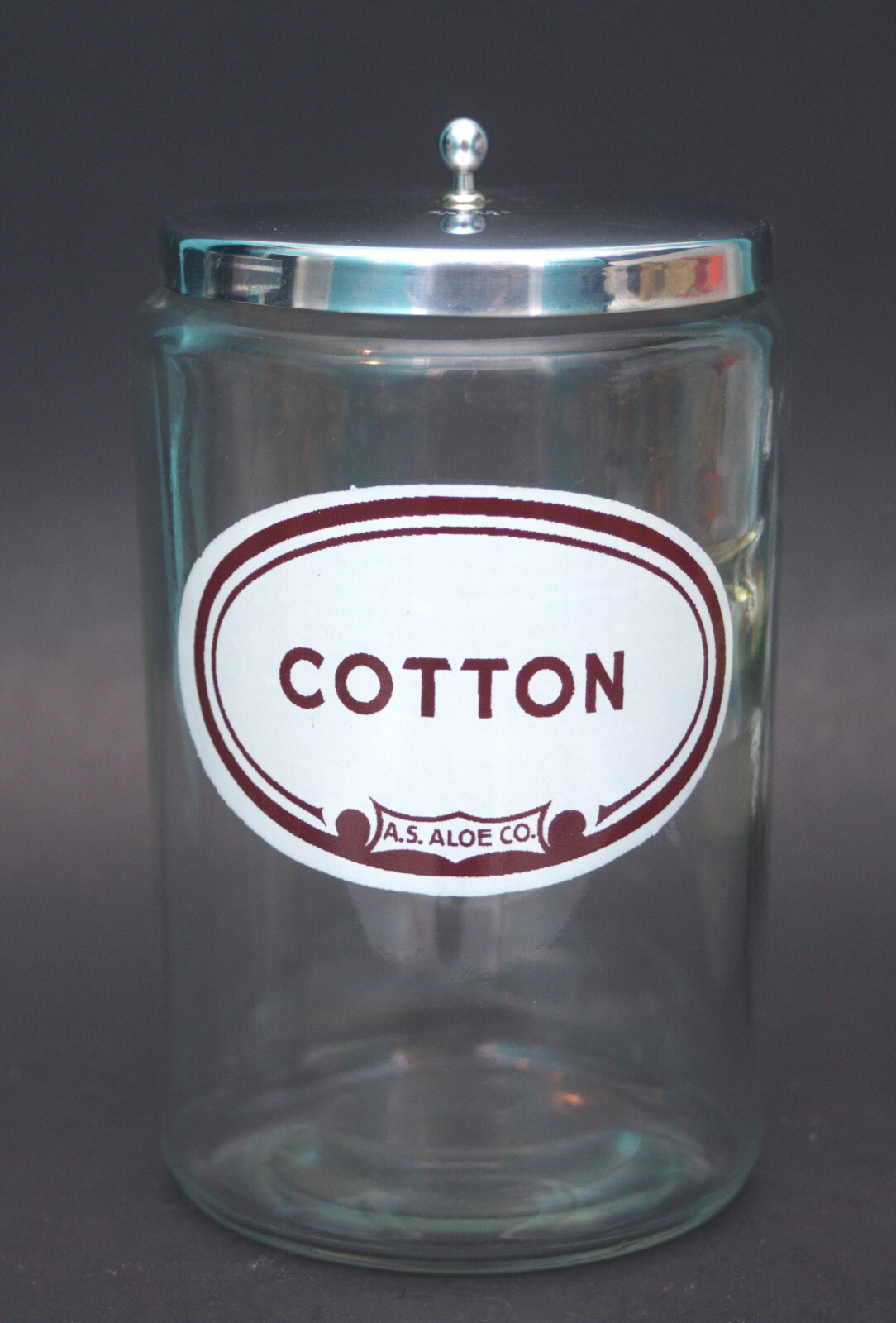 VINTAGE A.S. ALOE GLASCO COTTON APOTHECARY MEDICAL DOCTOR JAR WITH CHROME LID