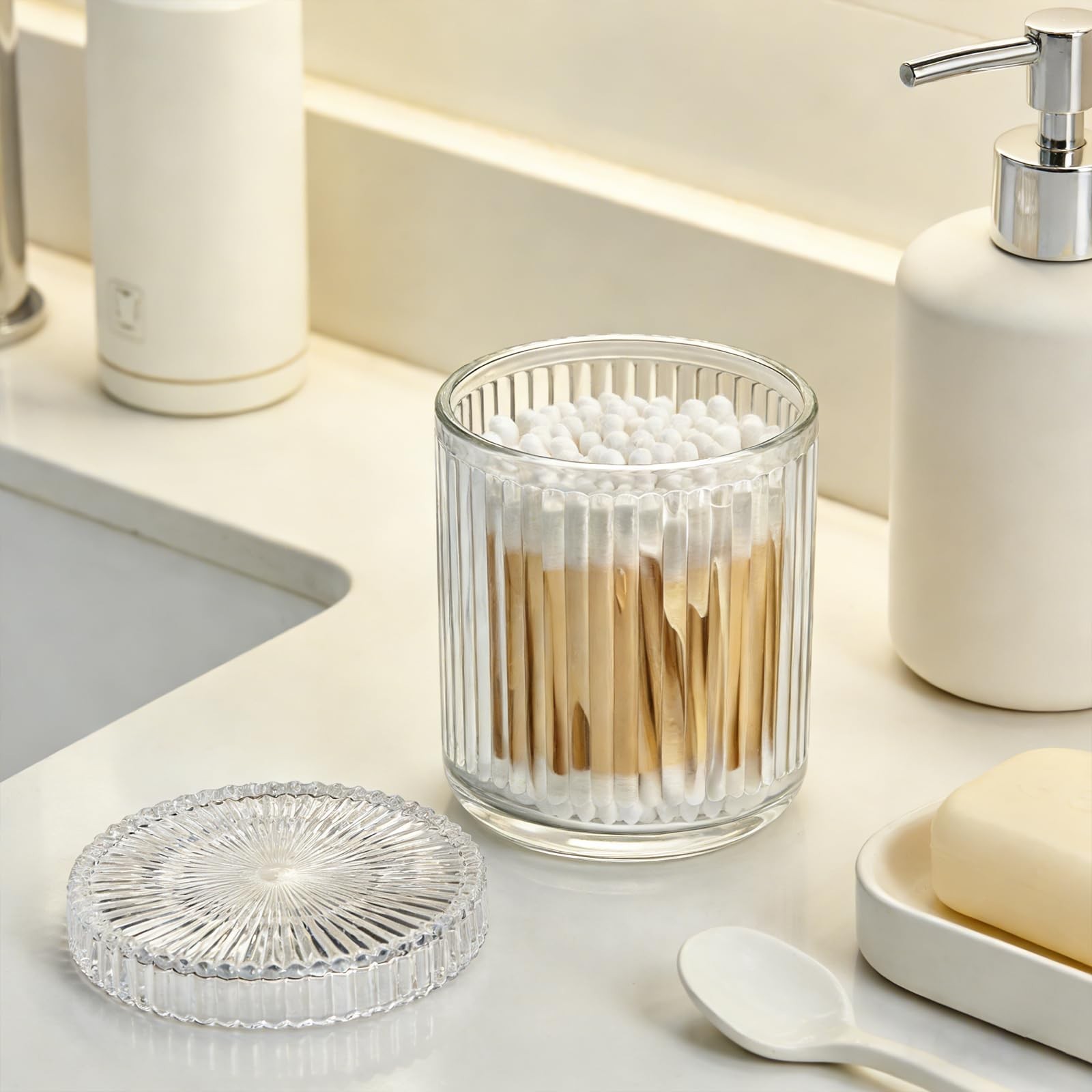 2 Pack Ribbed Glass Qtip Holder with Lid, Apothecary Storage Jars, Bathroom V…