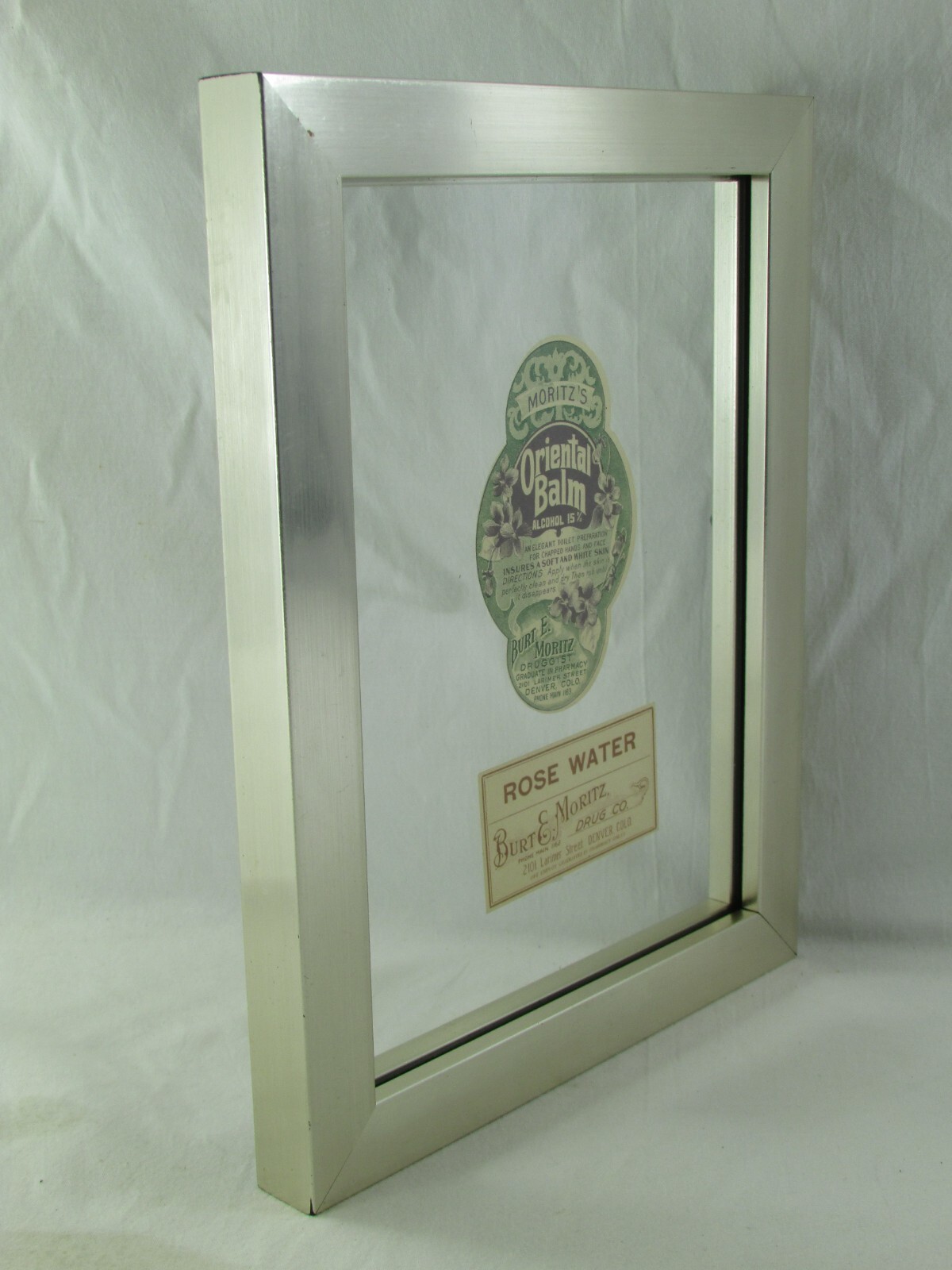 Vintage Burt E. Moritz Druggist -Oriental Balm, Rose Water Bottle Labels & Frame