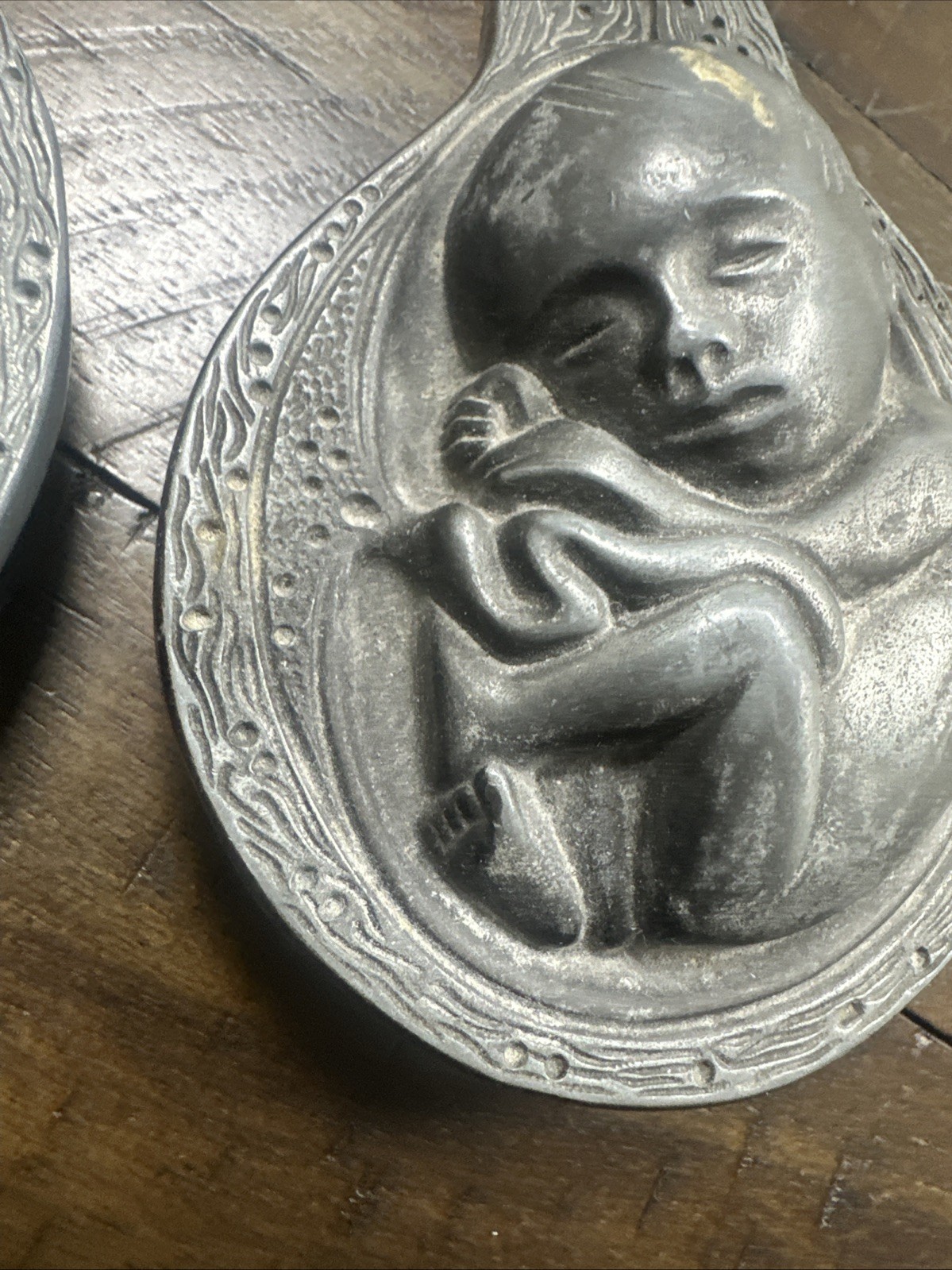 2 Parke-Davis TABRON 1950s Vintage Pharmaceutical Pewter Fetus Paperweight VGC