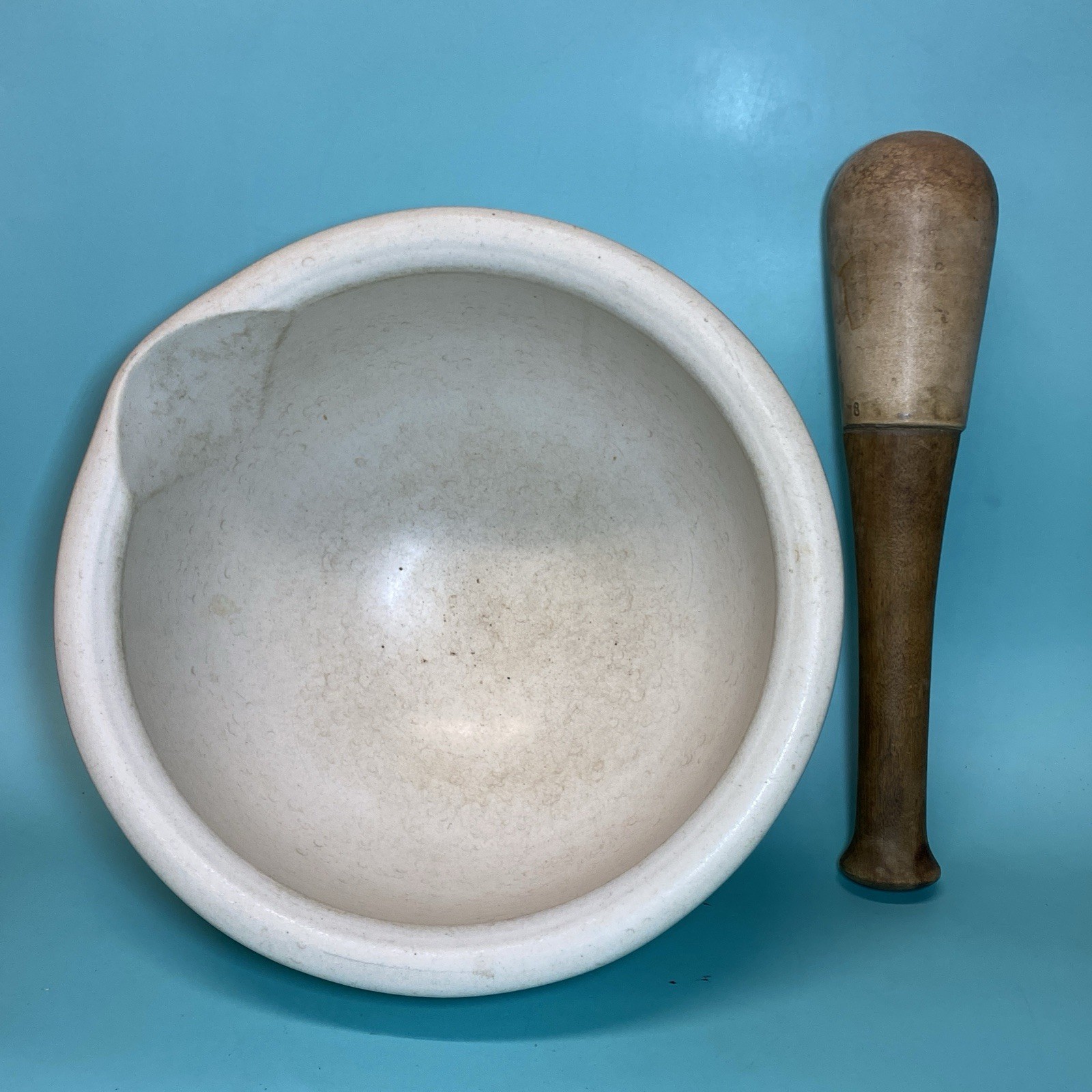 Vintage MORTAR & PESTLE Ceramic & Wood Pharmacy Apothecary HUGE 10” WH3