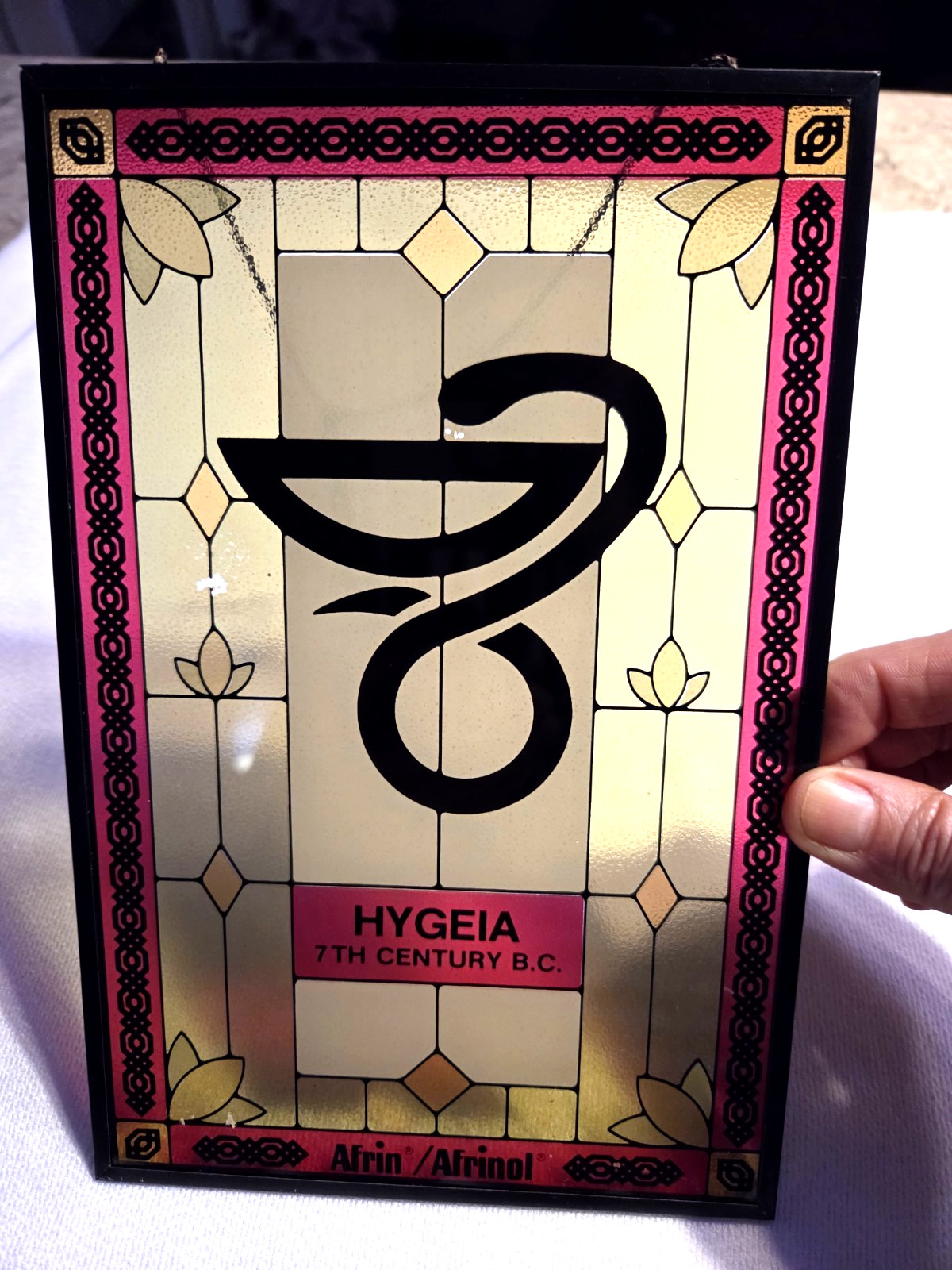Pharmacy Stained Glass Style Window Advertising Afrin 9”x6”x1/4” Yellow Border