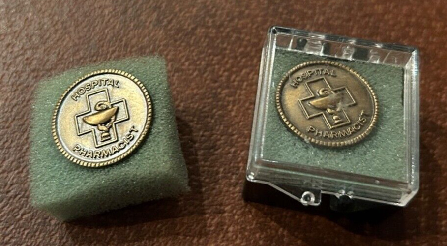Pair of Vintage Hospital Pharmacist Pins Brass Unworn Healthcare Pharmacy