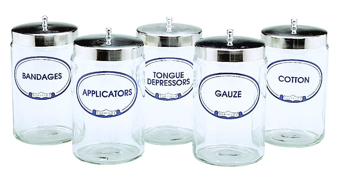 Glass Sundry Jars – Set of 5 – Labeled ‘Applicators, Bandages, Cotton, Gauze,…