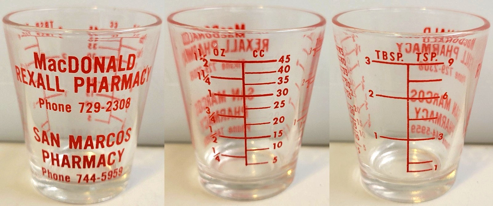 Vtg SAN MARCOS/CARLSBAD California REXALL PHARMACY Measuring DOSE Shot GLASS Cup