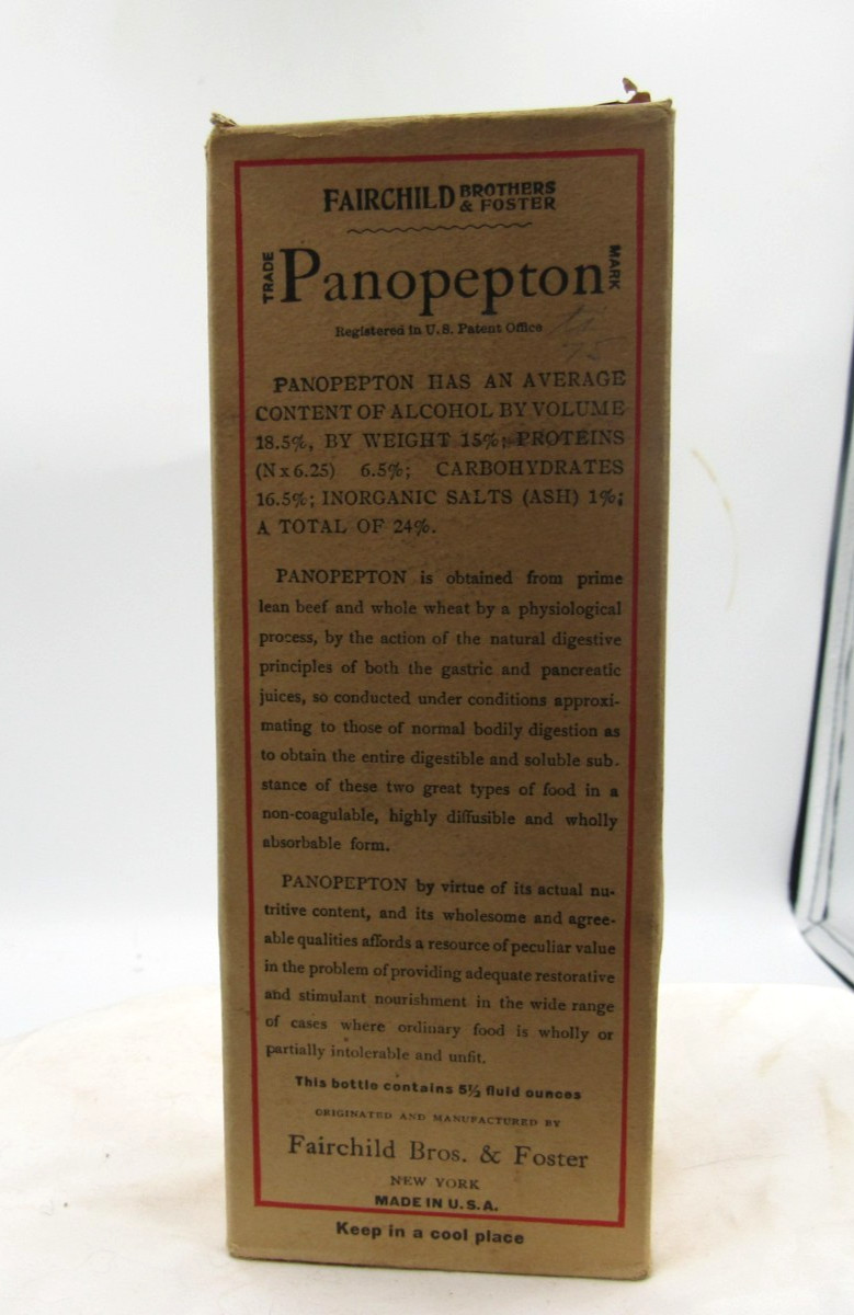 BW – 1900’s Fairchild Bros & Foster NY Panopepton 7 ” Clear Medicine bottle BOX