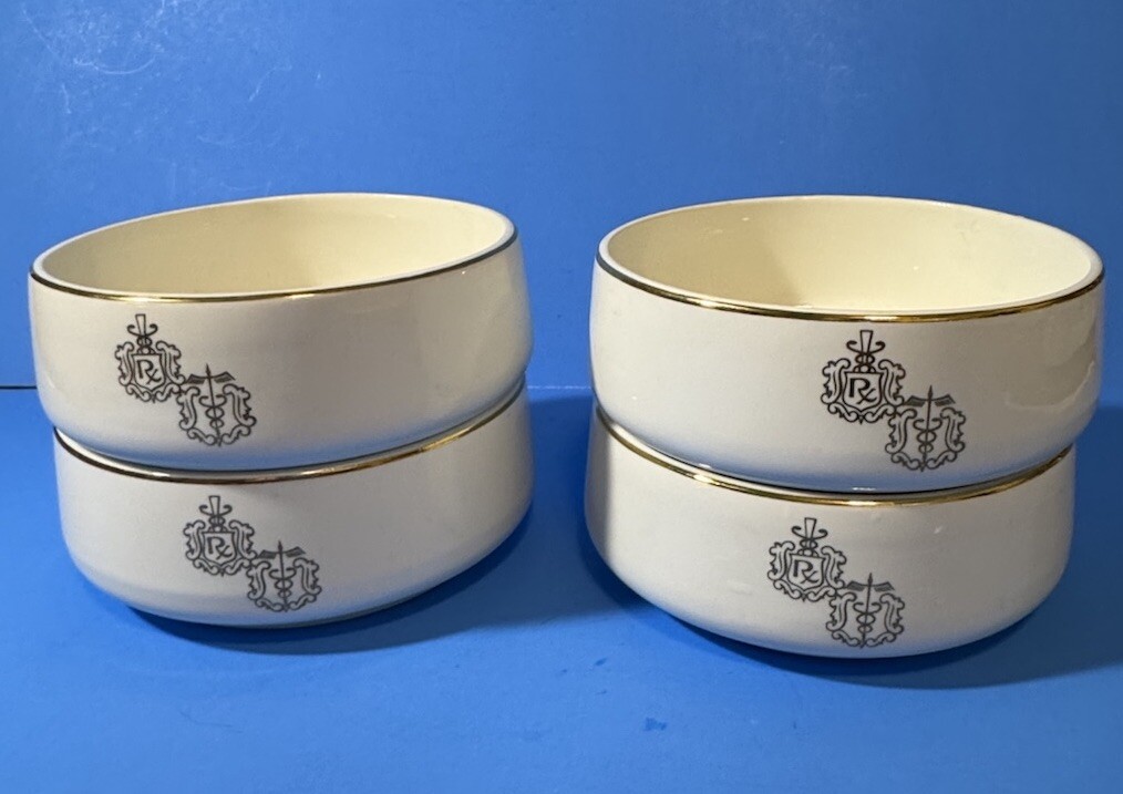 Set (4) Vintage Rx Pharmacy Porcelain Bowls Gold Gilded Pharmacist Set Drug 5”