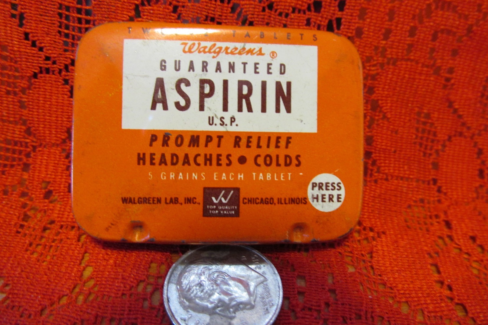 Vintage Walgreens Aspirin tin, Walgreen Lab. Inc. Chicago, USA